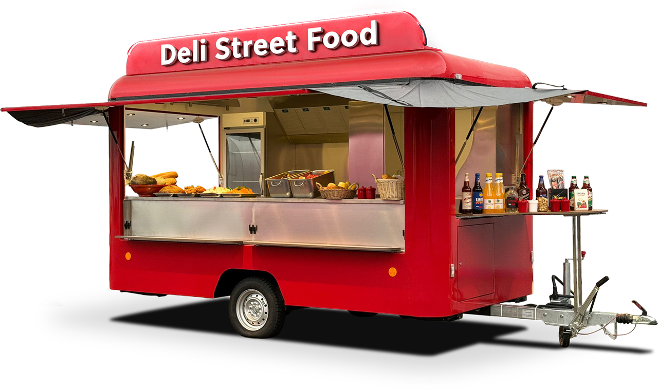 Deli Street Food Trailer with Sign Info
