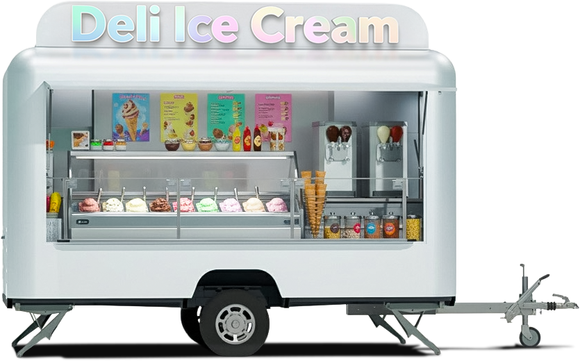 Deli White Ice Cream Trailer with Sign Info